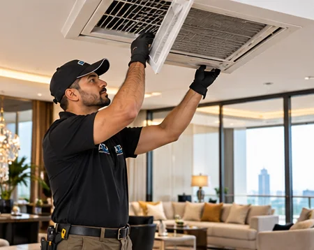 Technician opening a ceiling cassette AC unit for cleaning