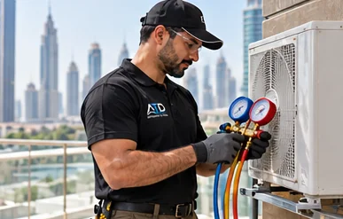 Technician checking refrigerant pressure on an outdoor AC unit with gauges, Dubai skyline behind