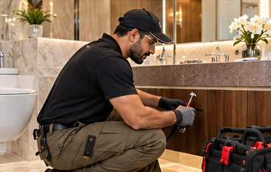 Technician repairing a bathroom vanity cabinet