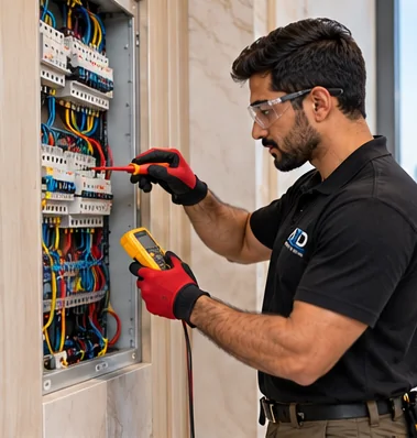 Electrician testing a distribution board with a multimeter