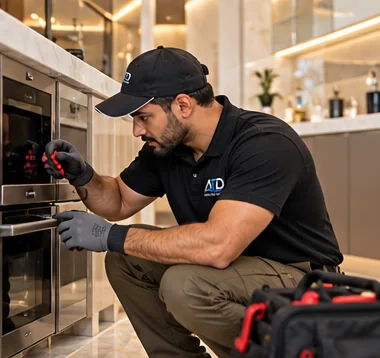 Technician servicing a built-in kitchen oven