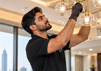 Technician installing a modern chandelier