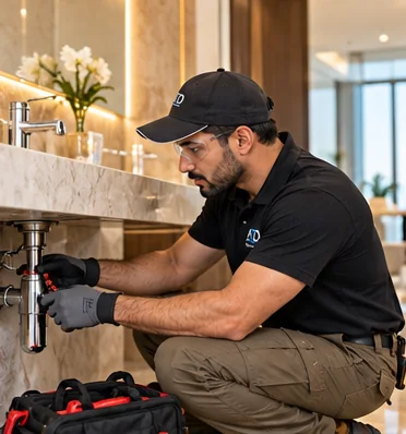 Plumber fixing a pipe under a bathroom sink