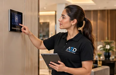 Technician setting up a smart home control panel with a tablet