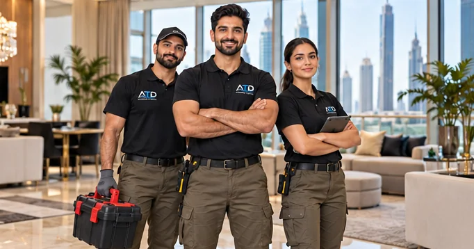 Three ATD technicians in black uniforms standing in a modern Dubai apartment