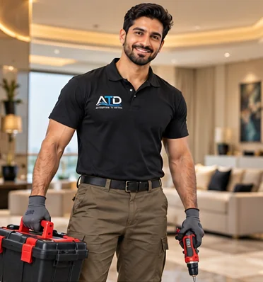 ATD technician in uniform holding a toolbox and cordless drill in a villa living room